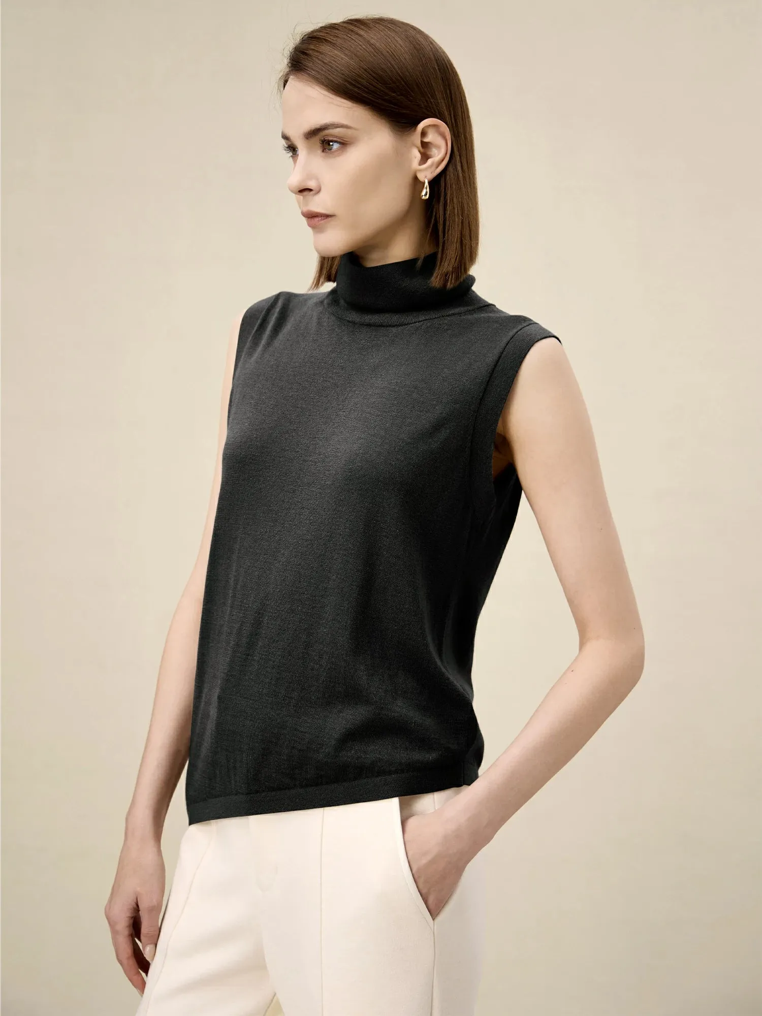 Amoretu Wool Sleeveless Turtleneck Knitted Sweater Tank Top