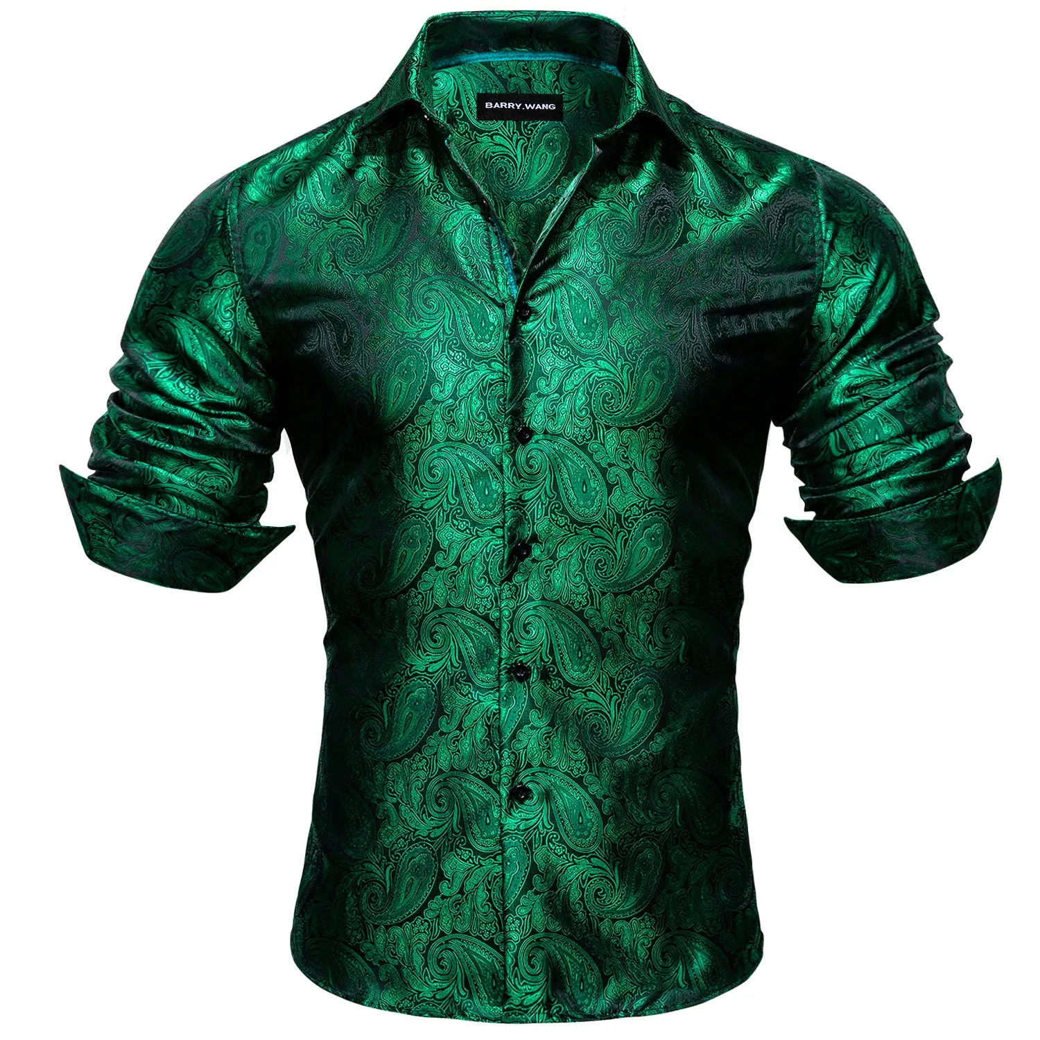 Barry Wang Button Down Shirt Men's Green Paisley Silk Wedding Shirt