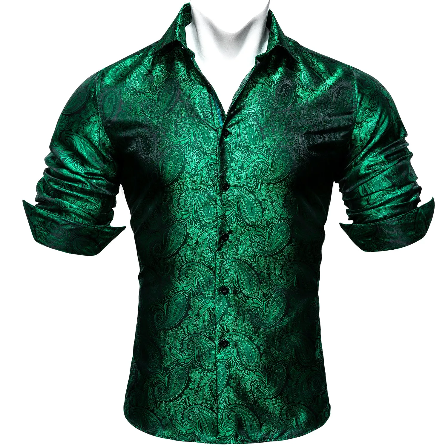 Barry Wang Button Down Shirt Men's Green Paisley Silk Wedding Shirt