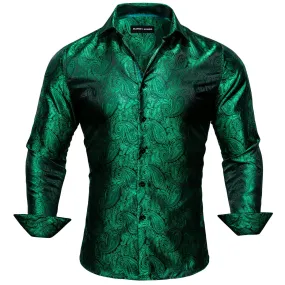 Barry Wang Button Down Shirt Men's Green Paisley Silk Wedding Shirt
