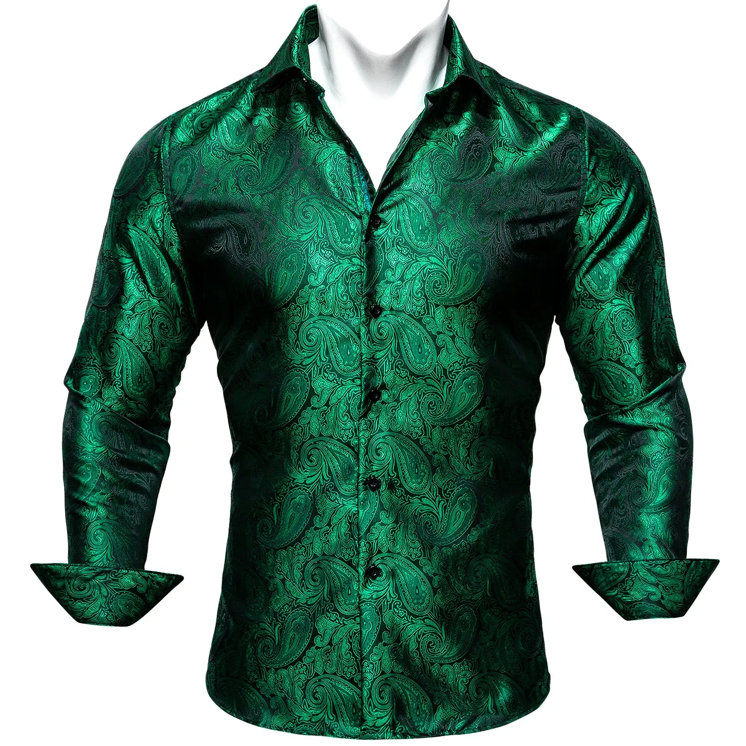 Barry Wang Button Down Shirt Men's Green Paisley Silk Wedding Shirt