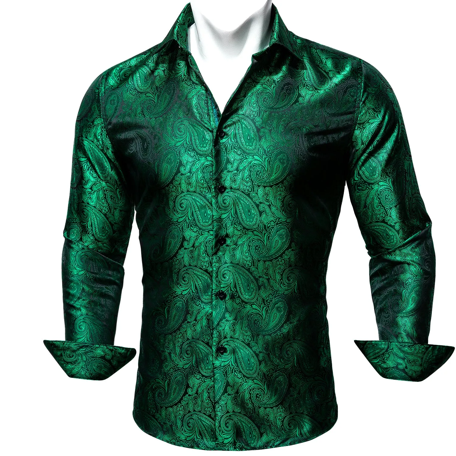 Barry Wang Button Down Shirt Men's Green Paisley Silk Wedding Shirt