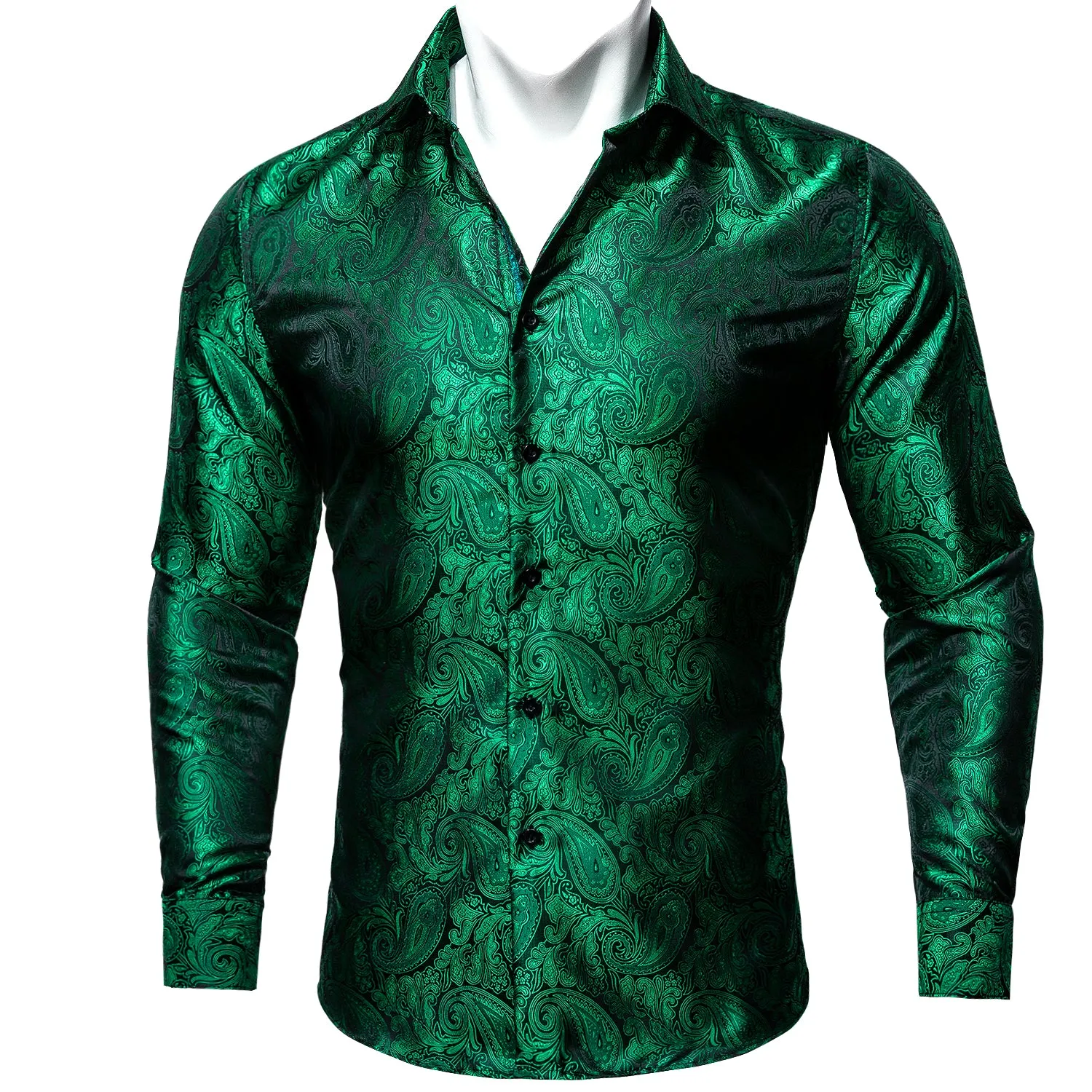 Barry Wang Button Down Shirt Men's Green Paisley Silk Wedding Shirt