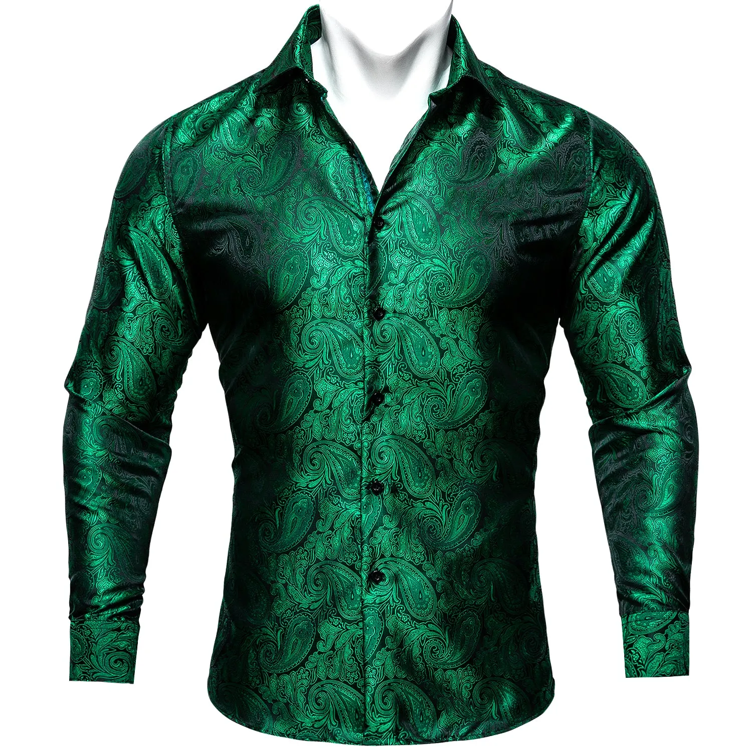 Barry Wang Button Down Shirt Men's Green Paisley Silk Wedding Shirt