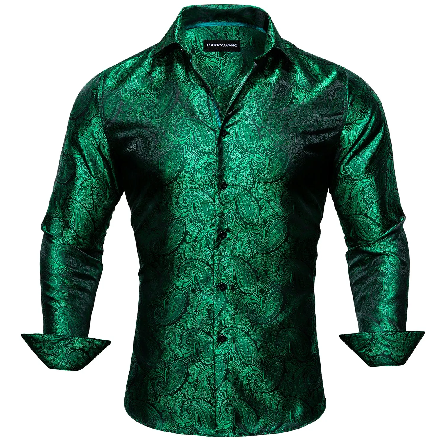 Barry Wang Button Down Shirt Men's Green Paisley Silk Wedding Shirt