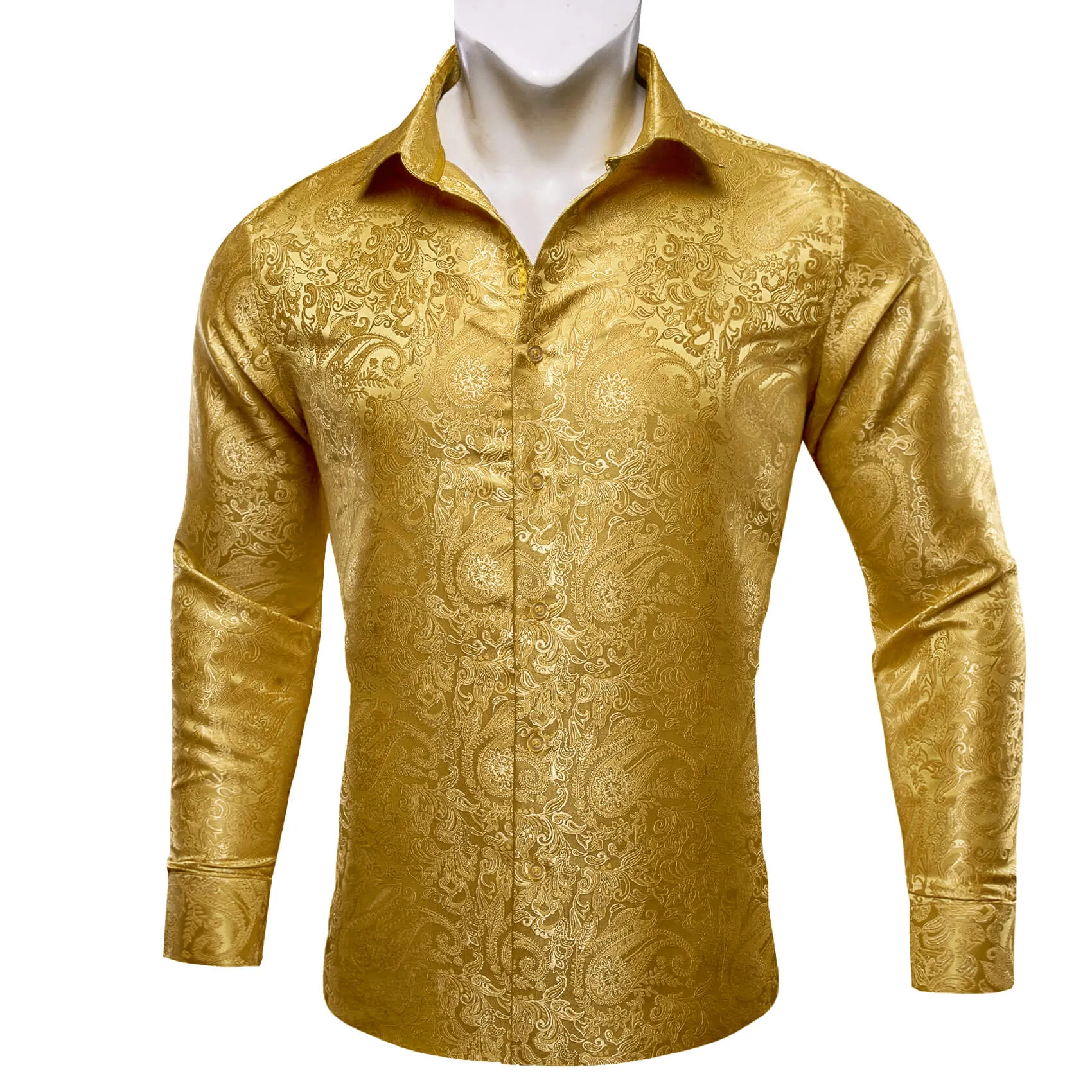 Barry Wang Men's Shirt Golden Jacquard Paisley Silk Long Sleeve Shirt