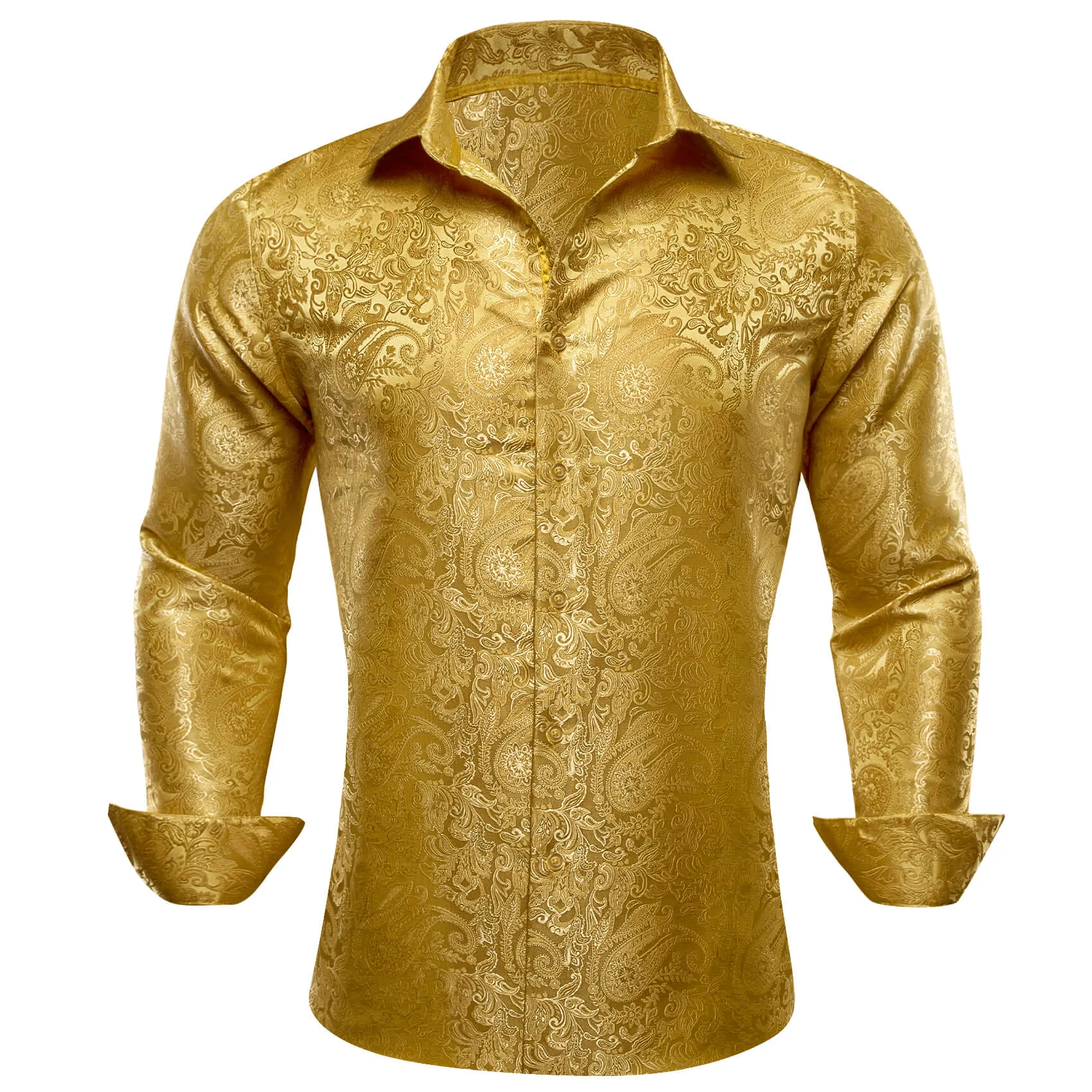 Barry Wang Men's Shirt Golden Jacquard Paisley Silk Long Sleeve Shirt