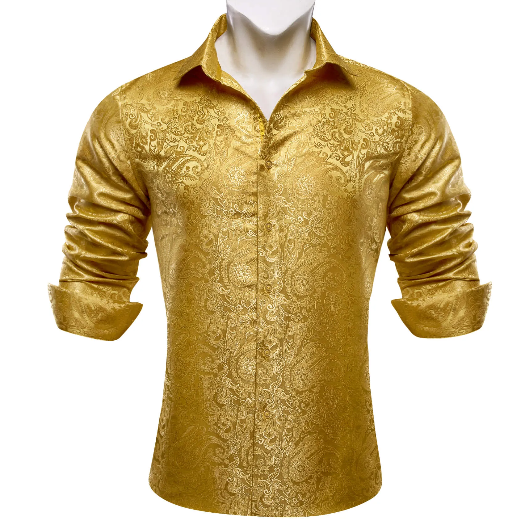 Barry Wang Men's Shirt Golden Jacquard Paisley Silk Long Sleeve Shirt