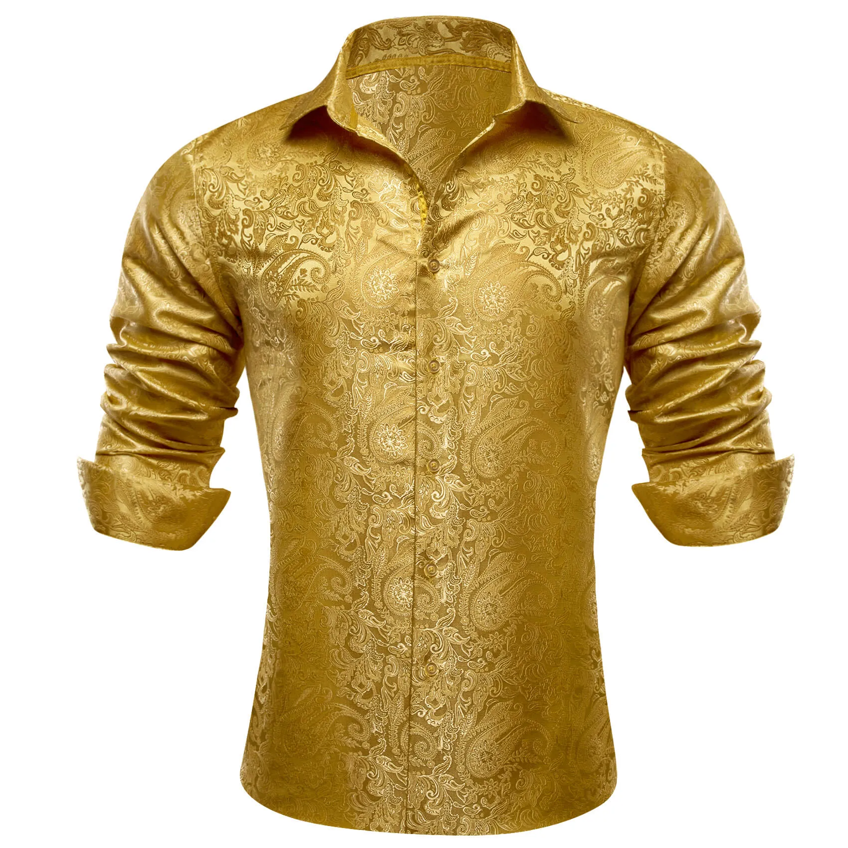 Barry Wang Men's Shirt Golden Jacquard Paisley Silk Long Sleeve Shirt