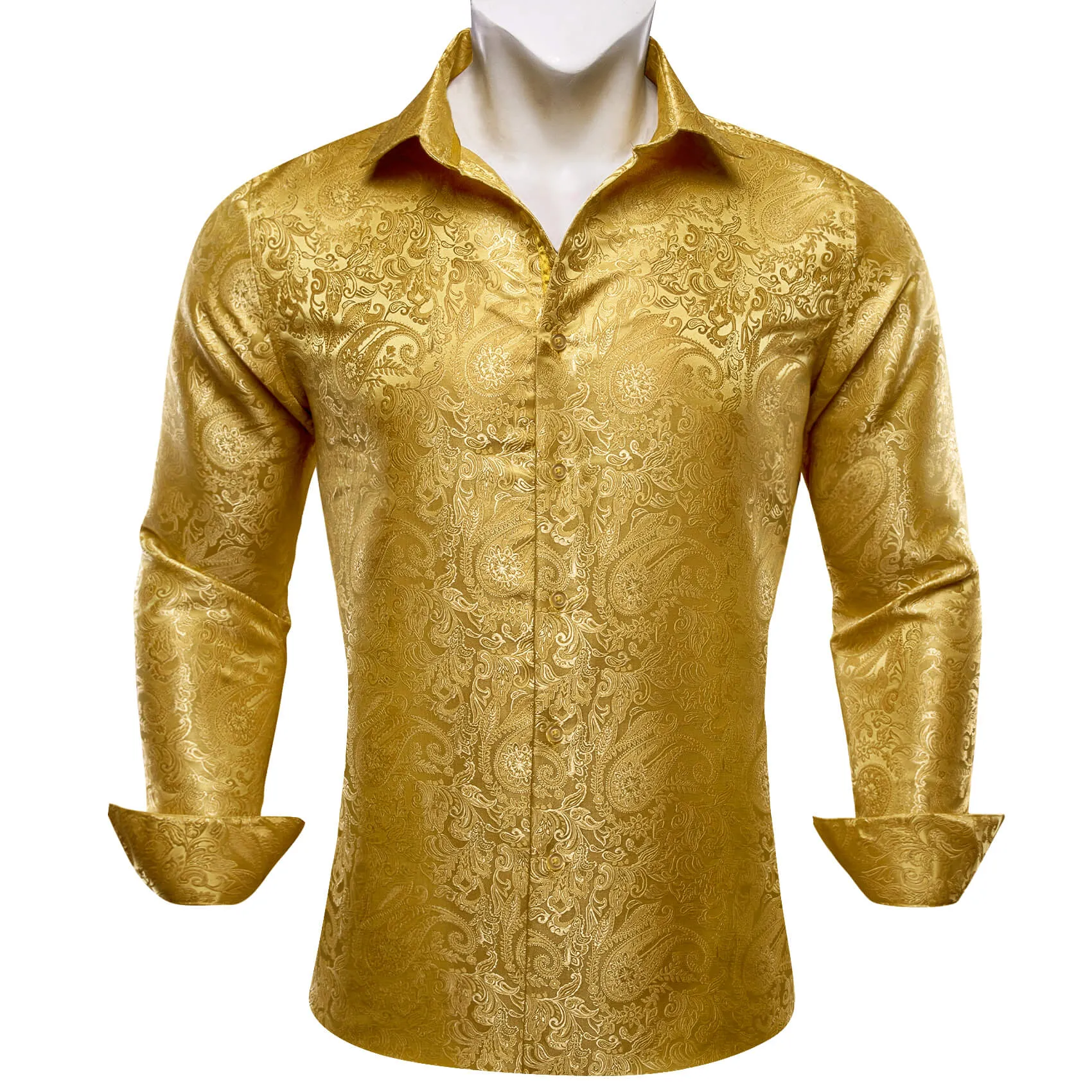 Barry Wang Men's Shirt Golden Jacquard Paisley Silk Long Sleeve Shirt