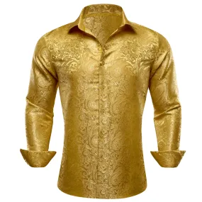 Barry Wang Men's Shirt Golden Jacquard Paisley Silk Long Sleeve Shirt