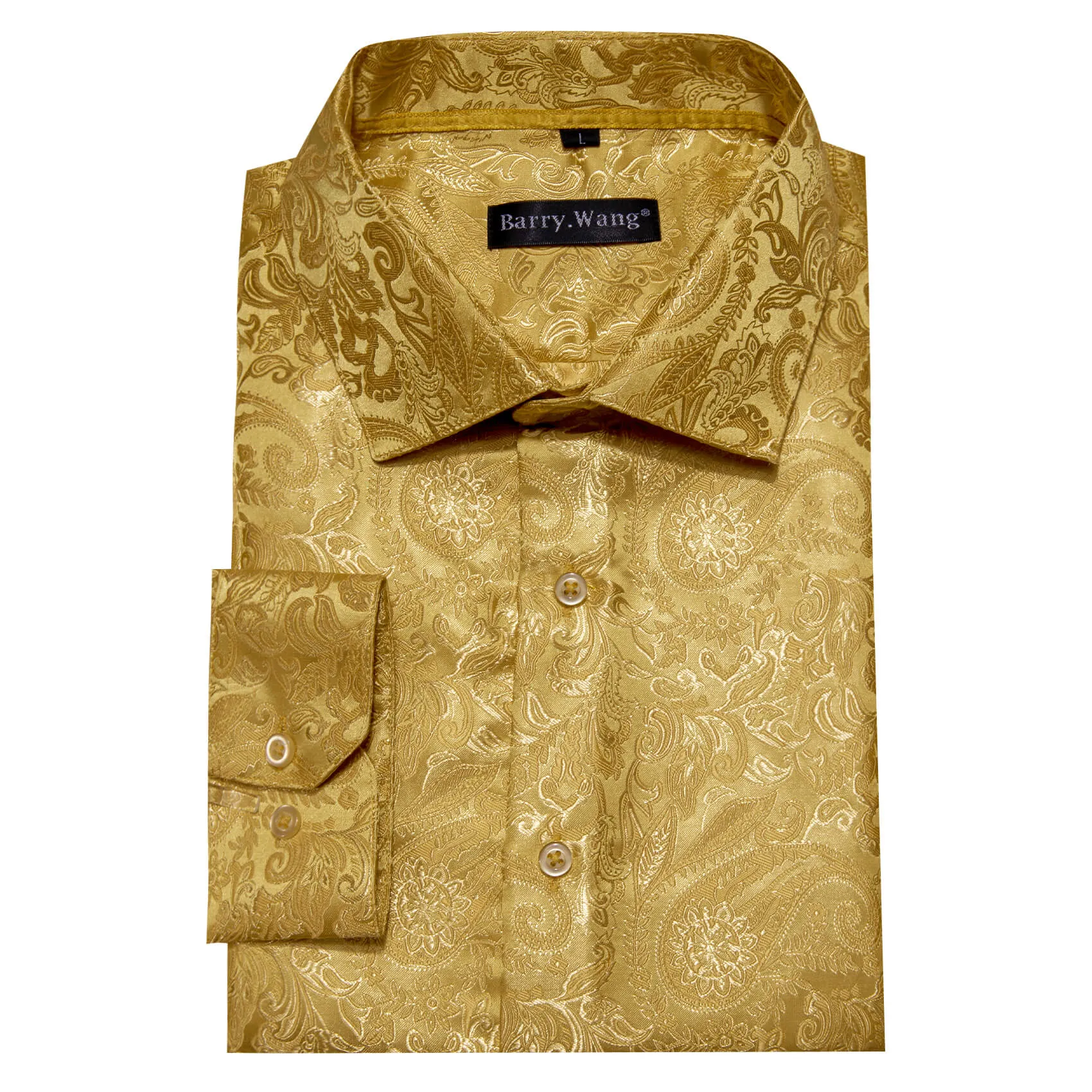 Barry Wang Men's Shirt Golden Jacquard Paisley Silk Long Sleeve Shirt