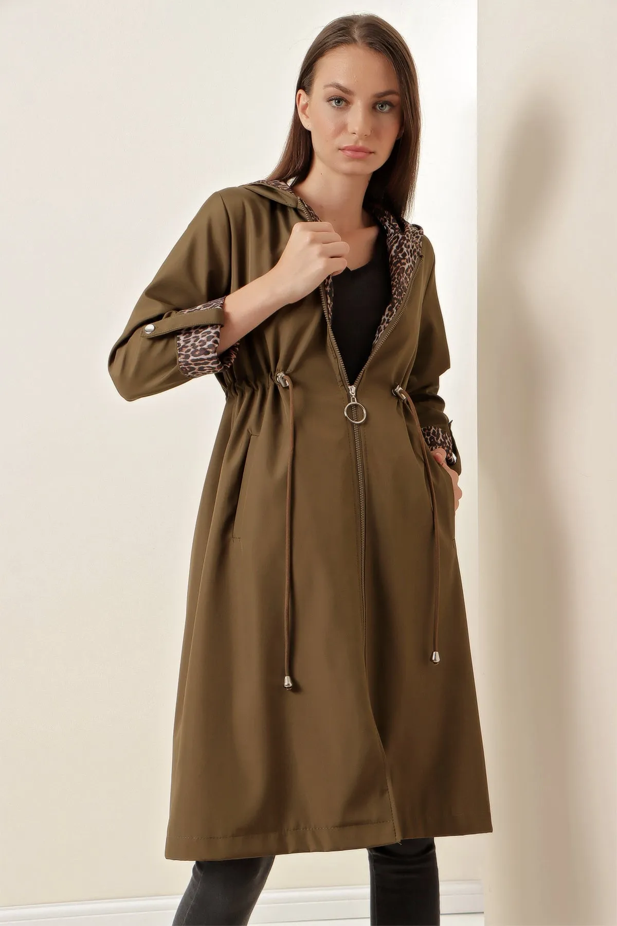 BGD Women Waist Gathered Hooded Trench Coat - Army Green - Fort Pierce