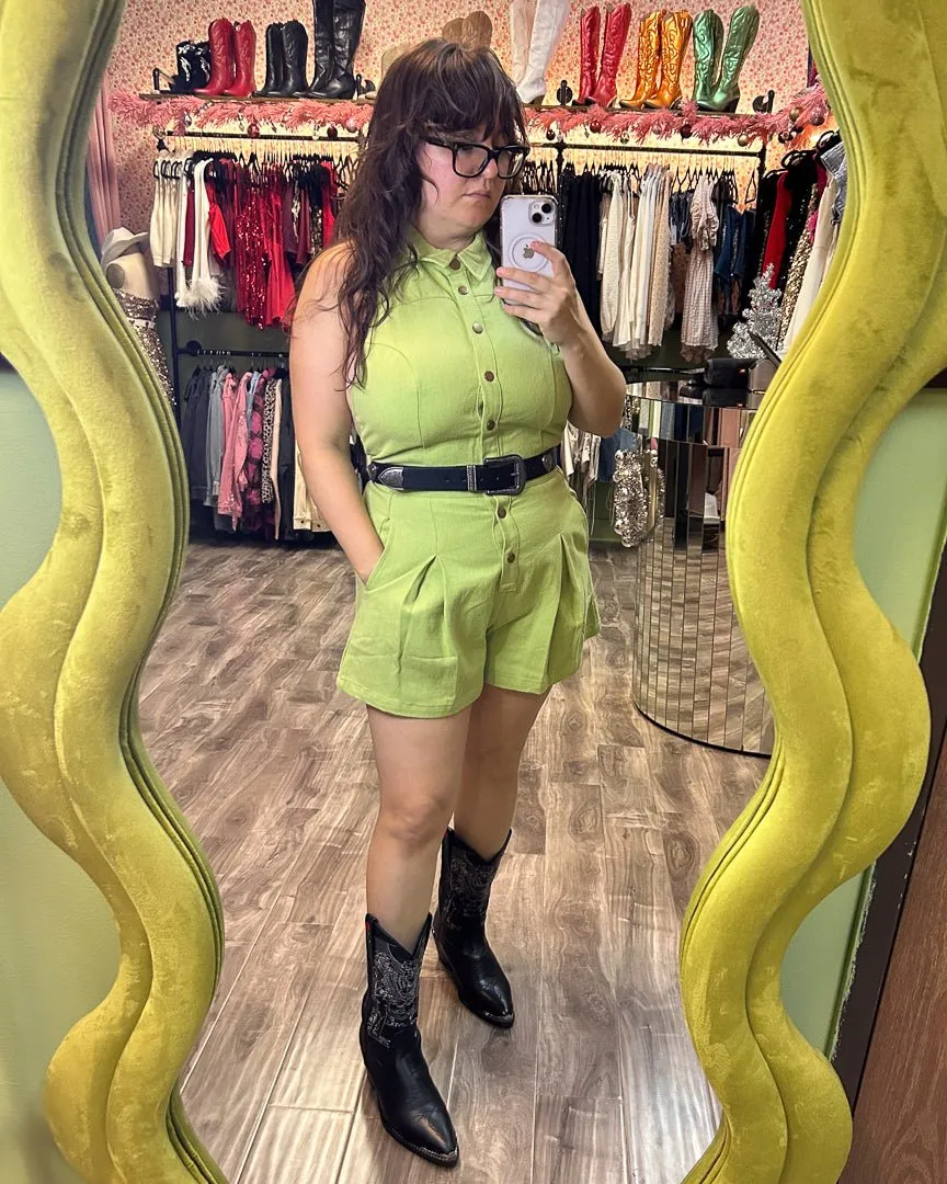 Brat Summer Lime Green Denim Pleated Collared Backless Romper