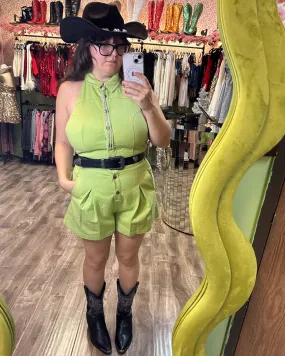 Brat Summer Lime Green Denim Pleated Collared Backless Romper