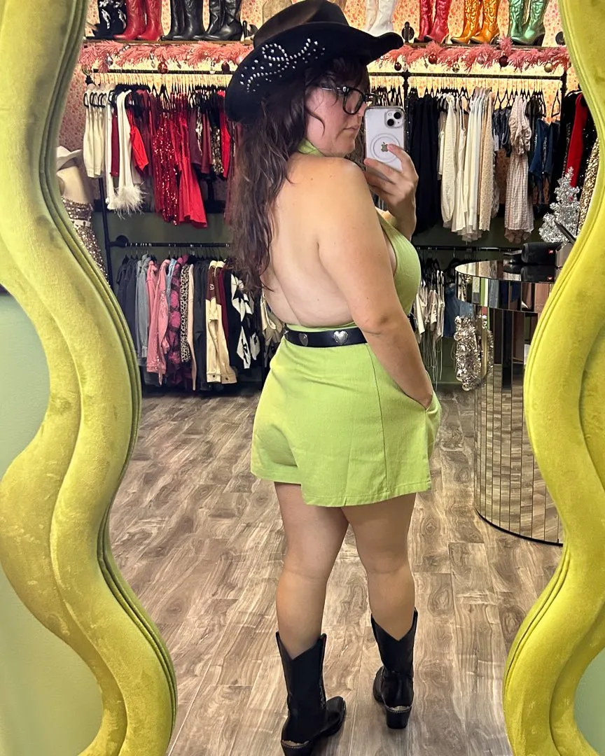 Brat Summer Lime Green Denim Pleated Collared Backless Romper