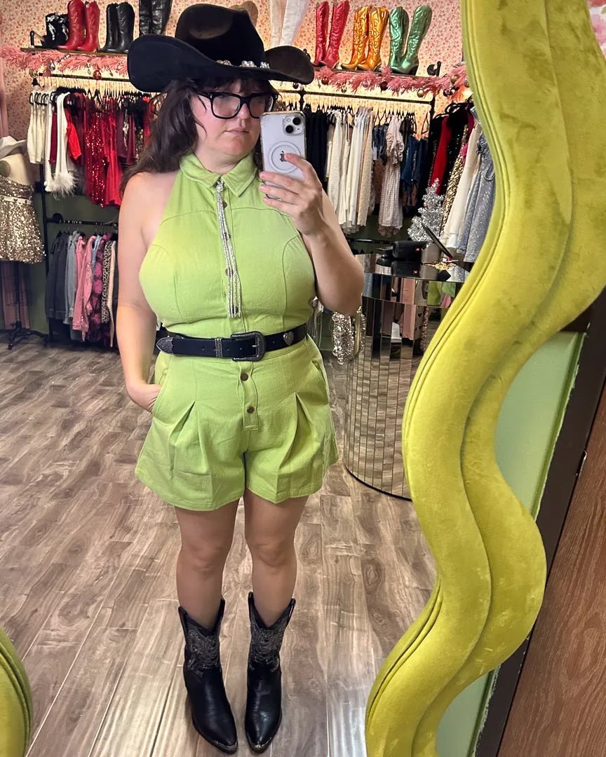 Brat Summer Lime Green Denim Pleated Collared Backless Romper