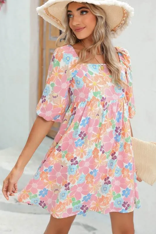 Chic Square Neck Bubble Puff Sleeve Floral Coral Mini Dress EG fashion