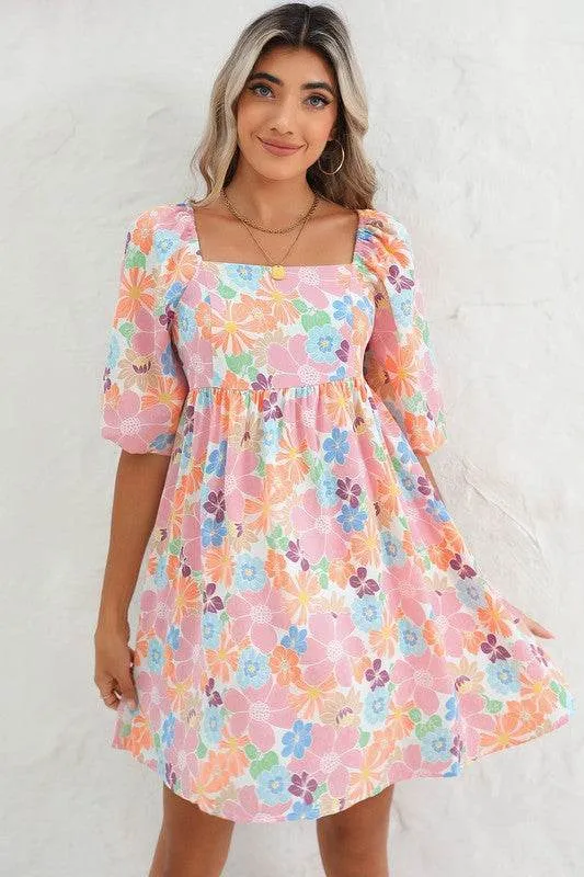 Chic Square Neck Bubble Puff Sleeve Floral Coral Mini Dress EG fashion