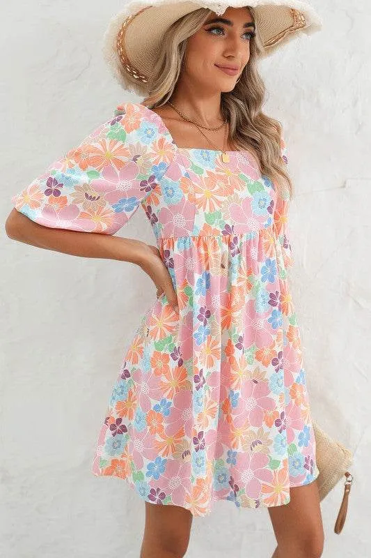 Chic Square Neck Bubble Puff Sleeve Floral Coral Mini Dress EG fashion