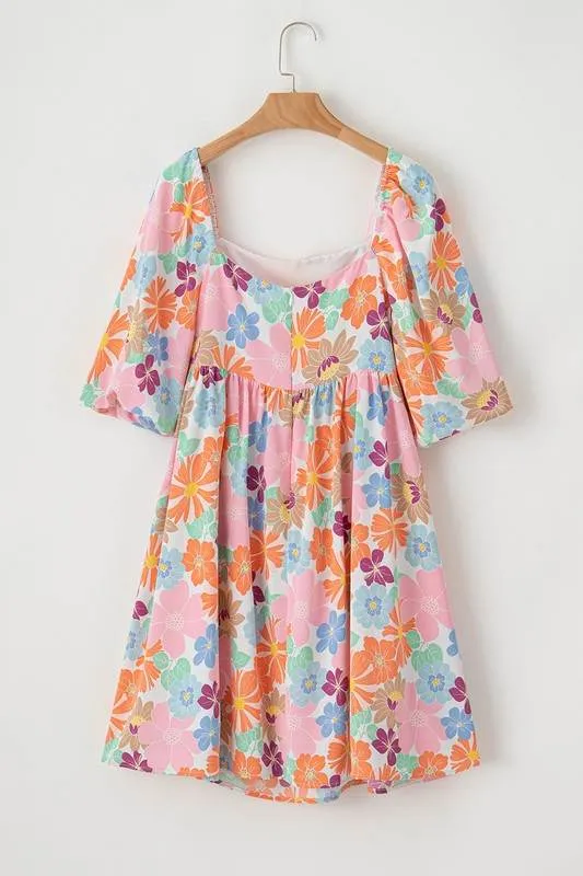 Chic Square Neck Bubble Puff Sleeve Floral Coral Mini Dress EG fashion