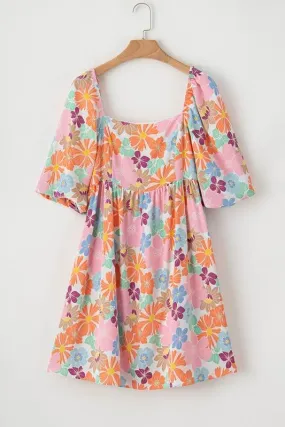 Chic Square Neck Bubble Puff Sleeve Floral Coral Mini Dress EG fashion