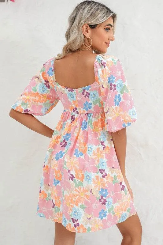 Chic Square Neck Bubble Puff Sleeve Floral Coral Mini Dress EG fashion