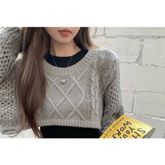 Crewneck Cable Knit Plain Crop Sweater