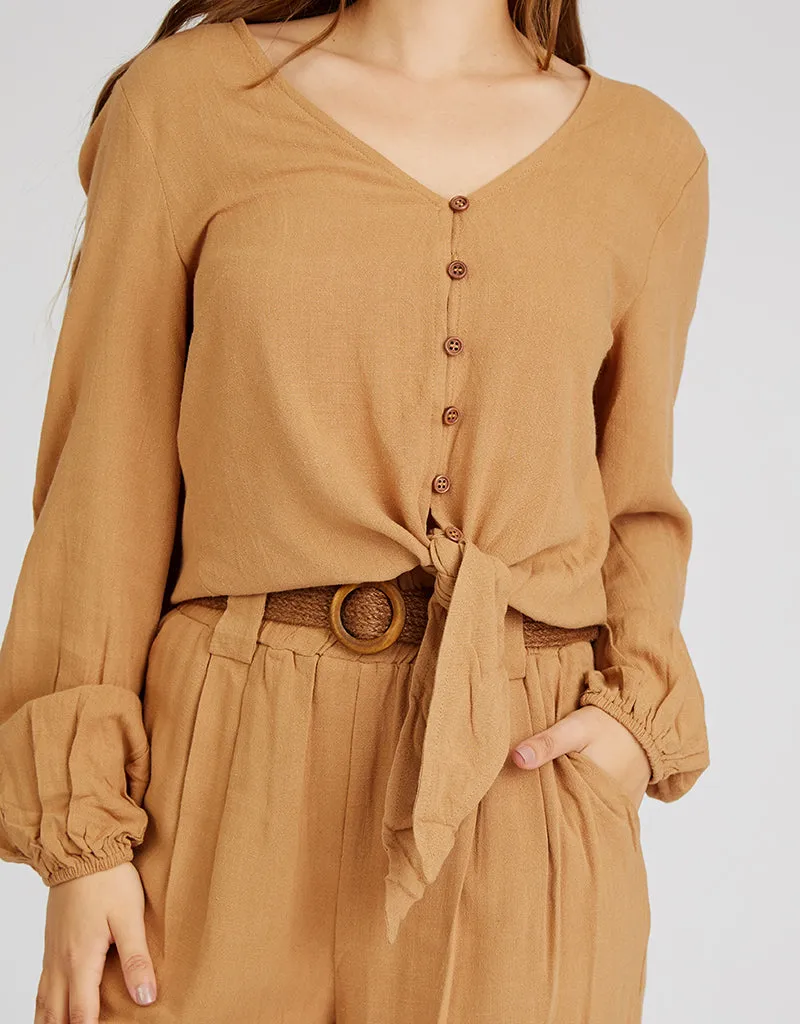 Crop Linen Shell Button Top