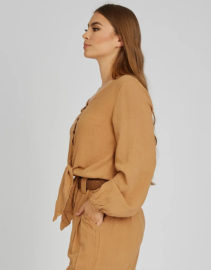 Crop Linen Shell Button Top