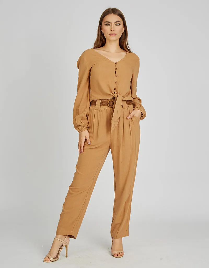 Crop Linen Shell Button Top