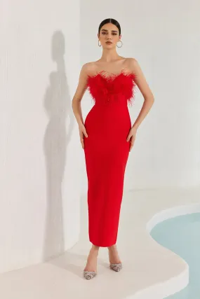 Diaz Feather Tassel Maxi Bandage Dress – Red