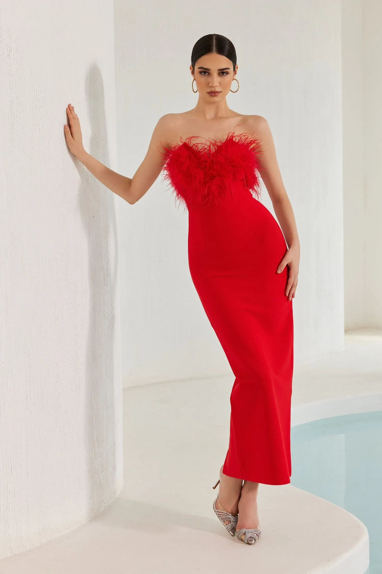 Diaz Feather Tassel Maxi Bandage Dress – Red