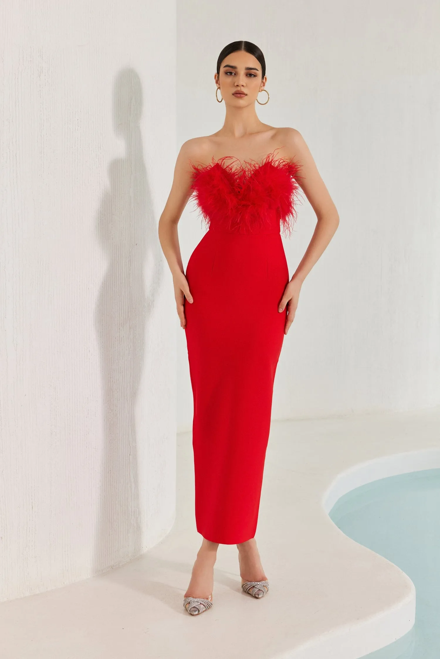 Diaz Feather Tassel Maxi Bandage Dress – Red