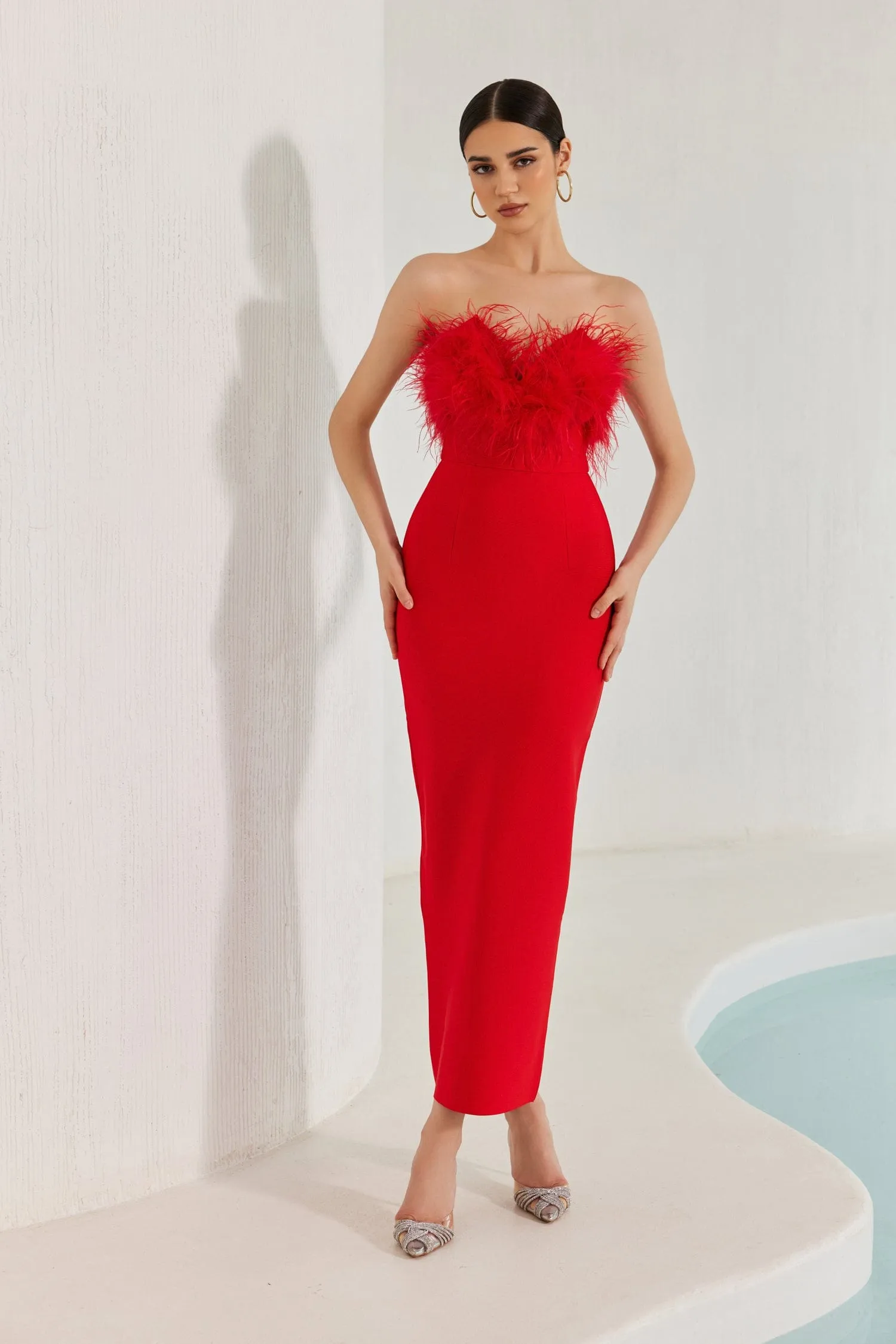 Diaz Feather Tassel Maxi Bandage Dress – Red