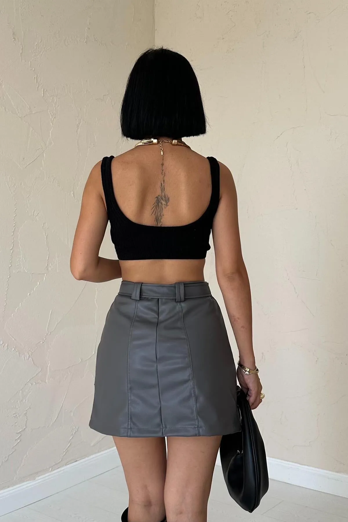 ELS Belted Mini Leather Skirt - Gray - Canterbury
