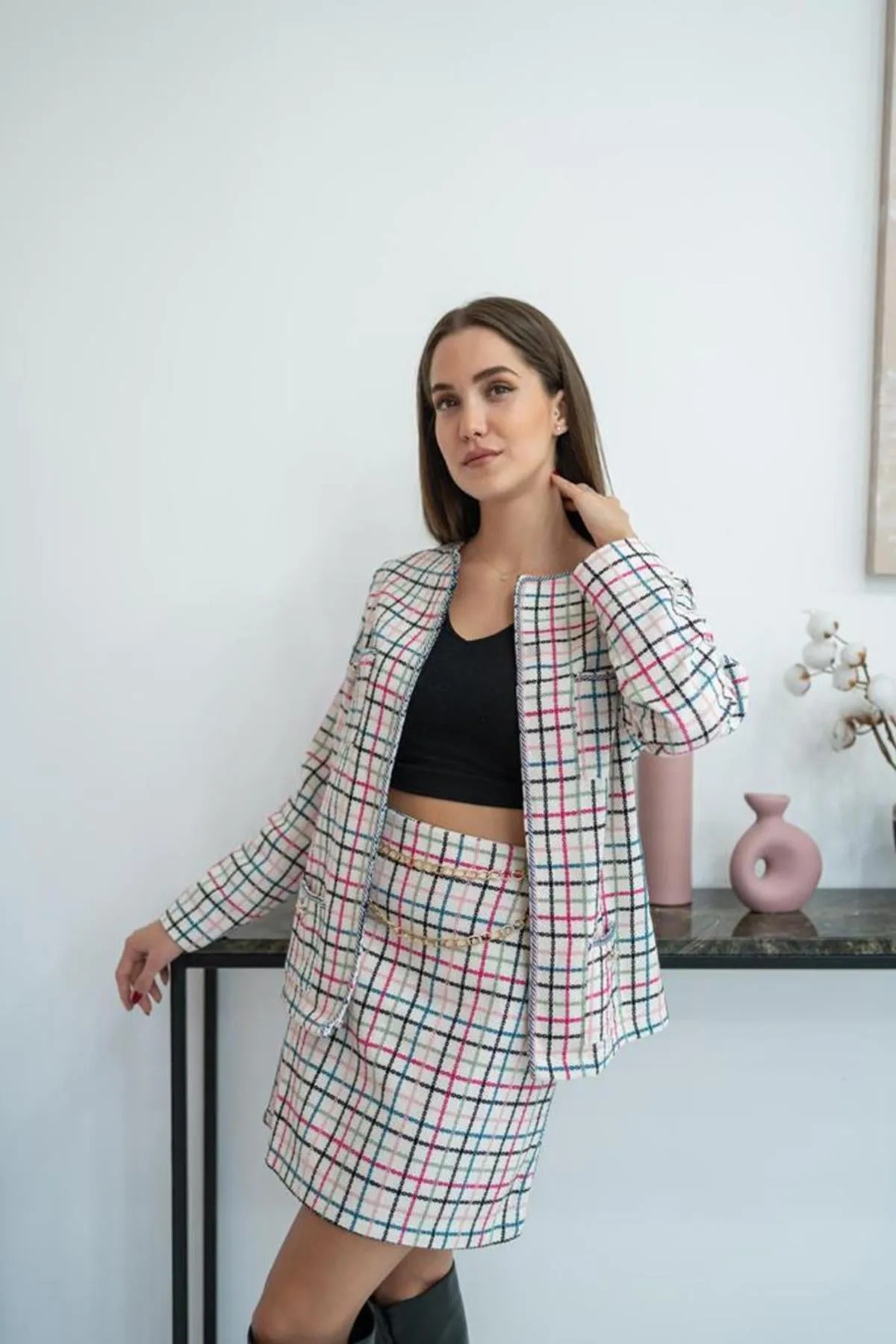 ELS Open Front Jacket and Skirt Set with Chain - White - Newbury