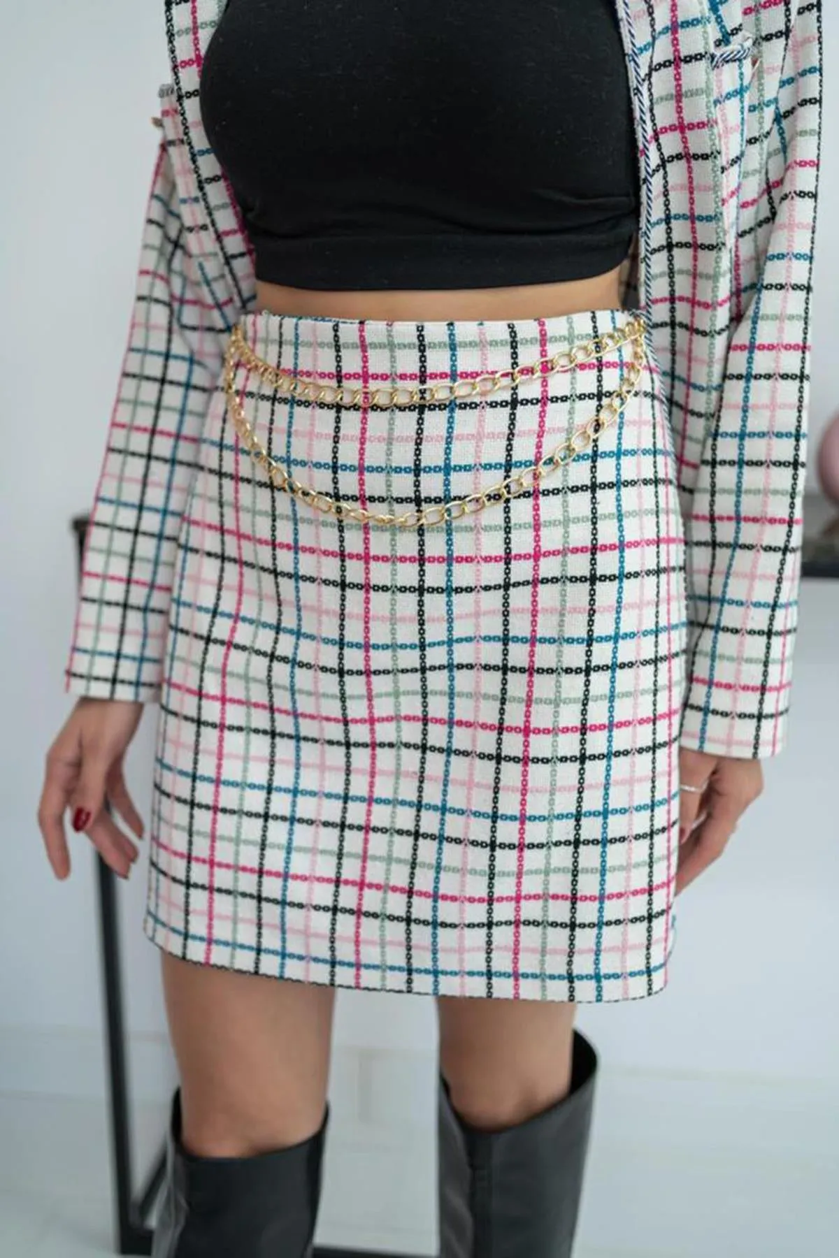 ELS Open Front Jacket and Skirt Set with Chain - White - Newbury