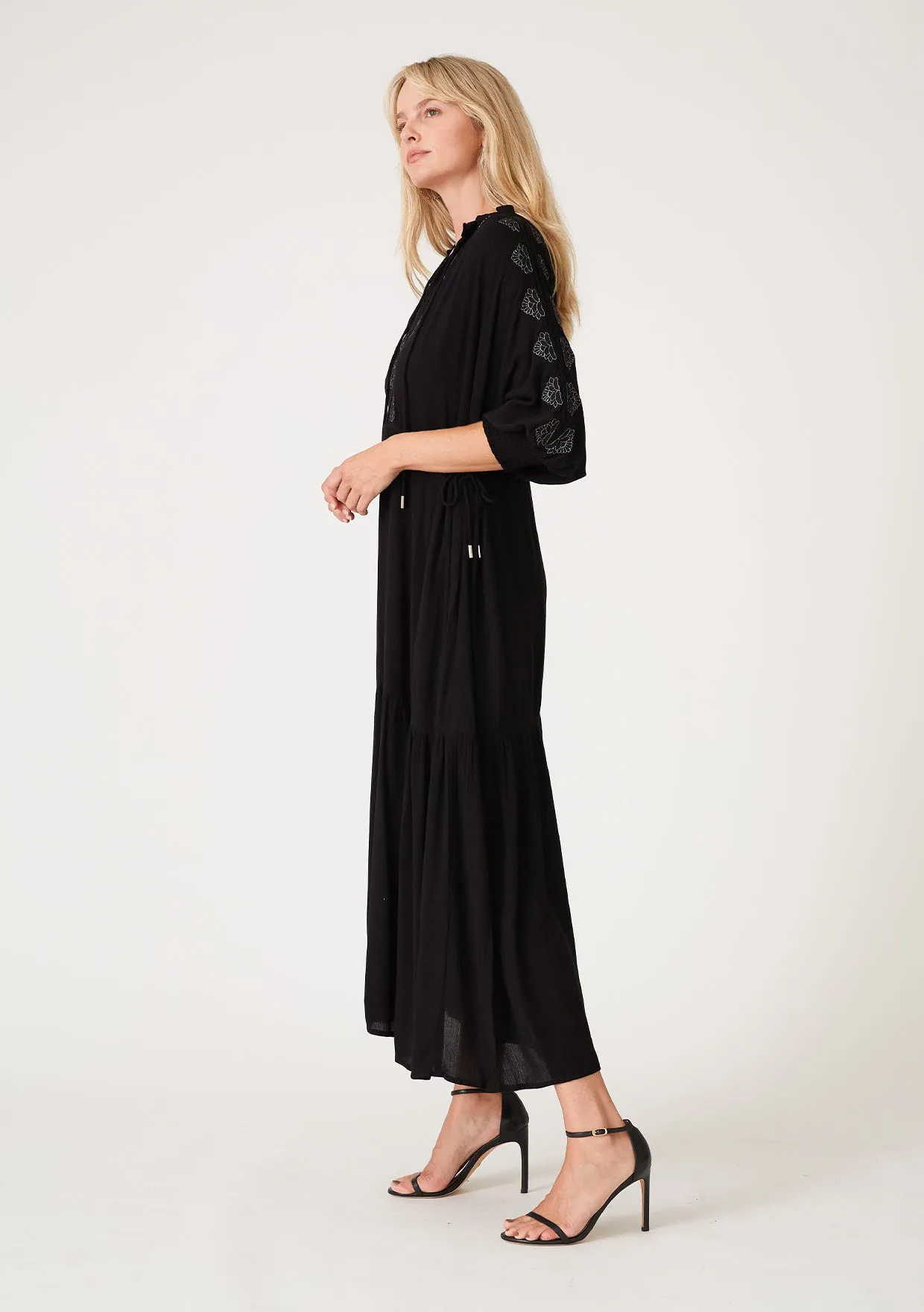 Embroidered Dolman Sleeve Split Neck Maxi Dress