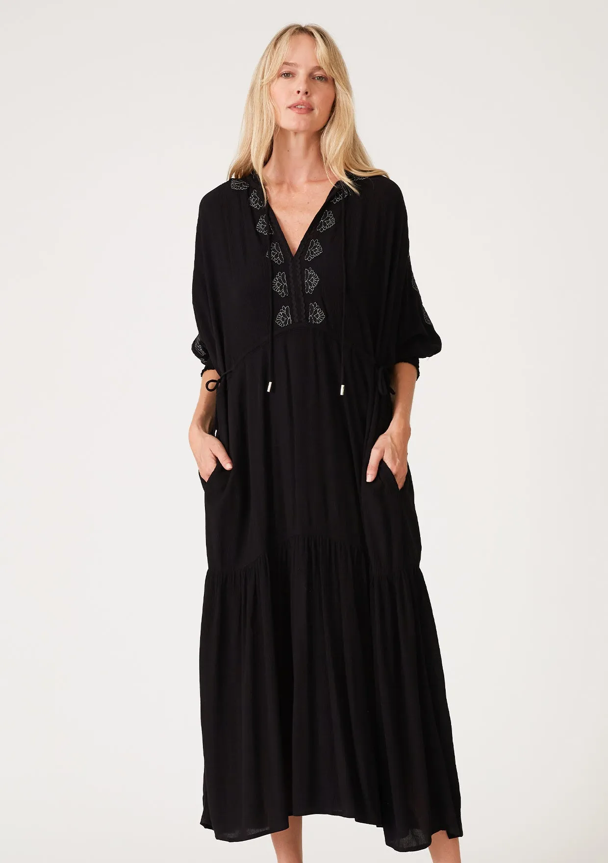 Embroidered Dolman Sleeve Split Neck Maxi Dress