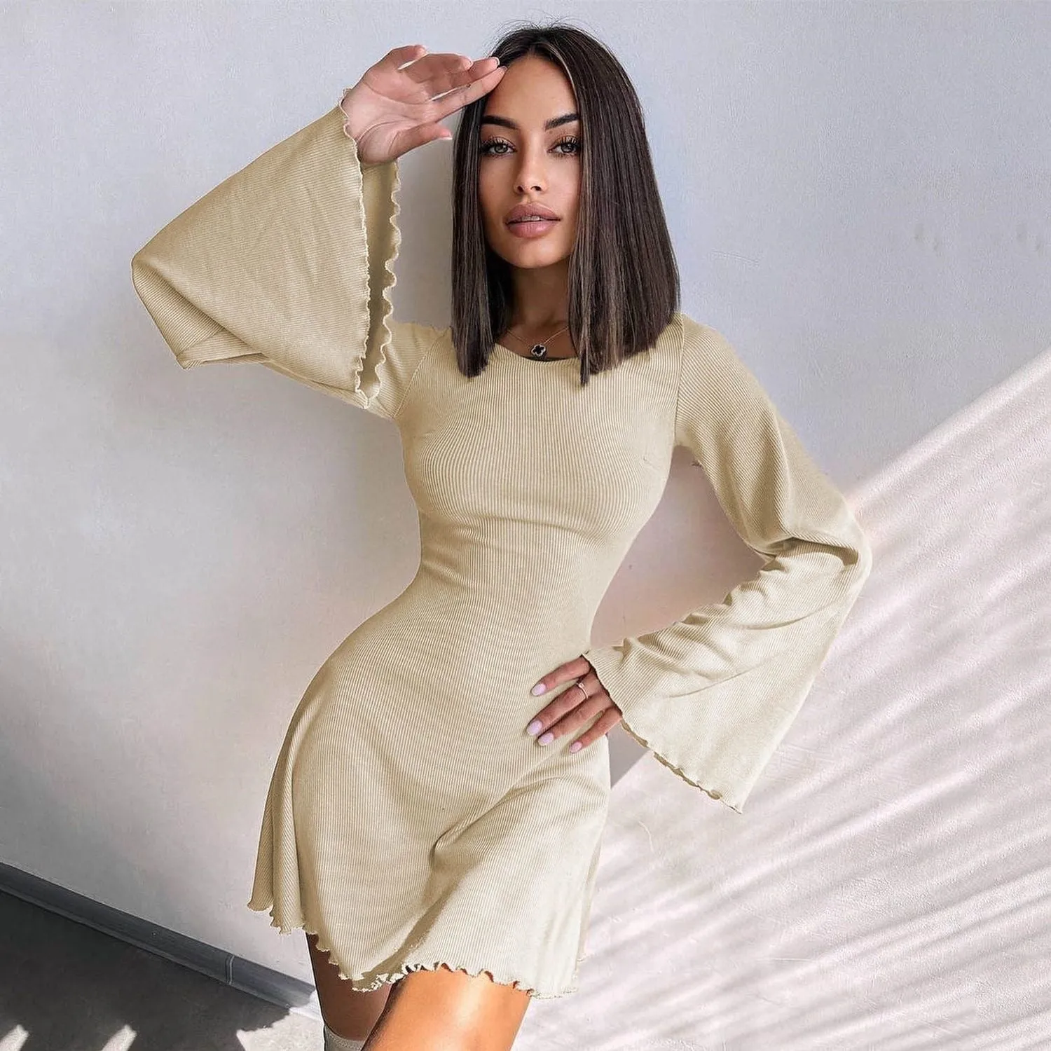 European and American Style Fashion New Autumn/Winter A-line Mini Skirt Round Neck Thumb Long Sleeve Waist-tied Slimming Ribbed Dress