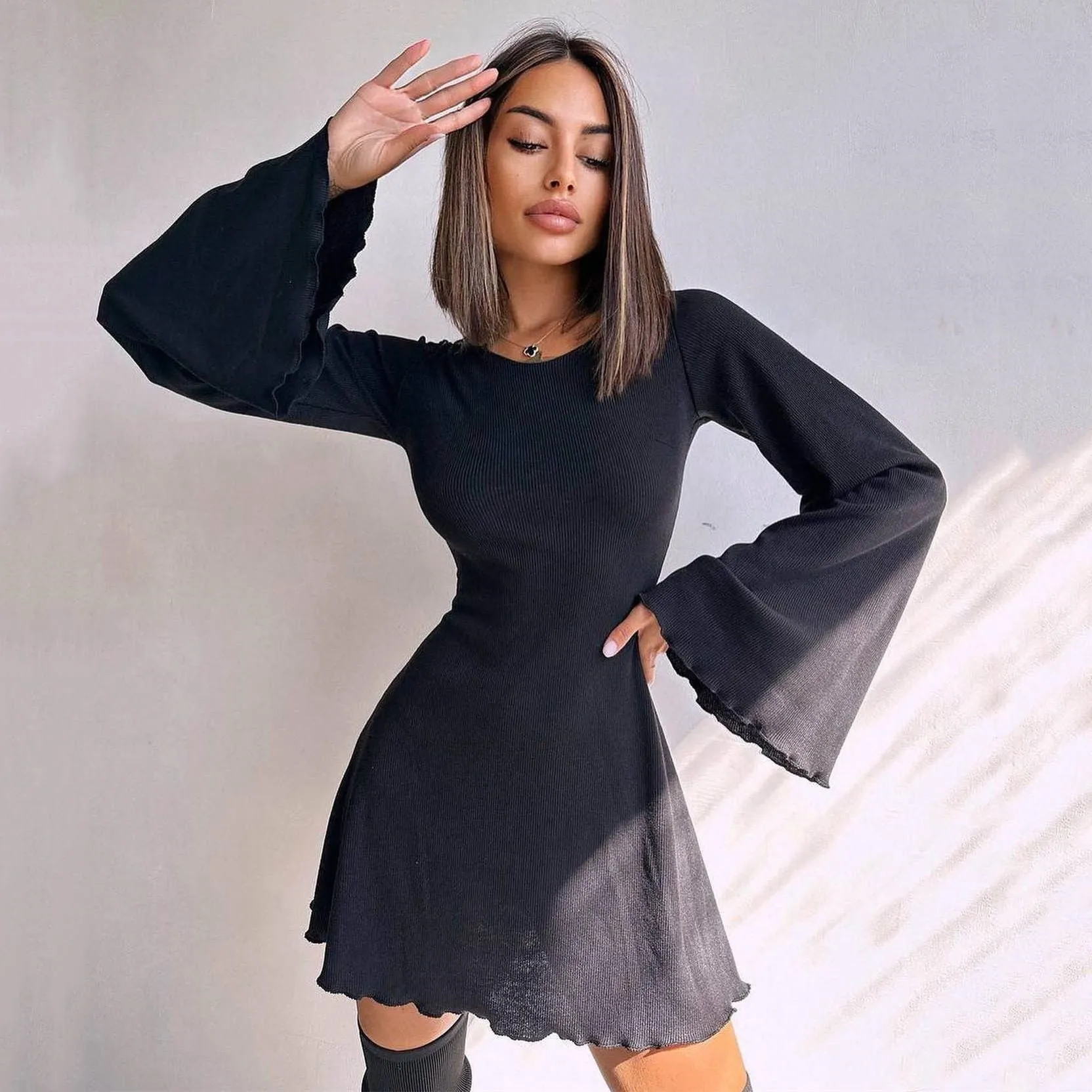 European and American Style Fashion New Autumn/Winter A-line Mini Skirt Round Neck Thumb Long Sleeve Waist-tied Slimming Ribbed Dress