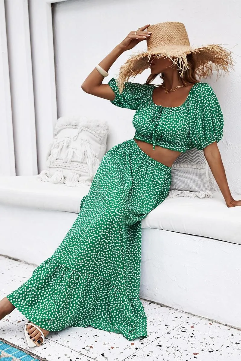 FLORAL PUFF CROP TOP AND LONG FLARE SKIRT SET