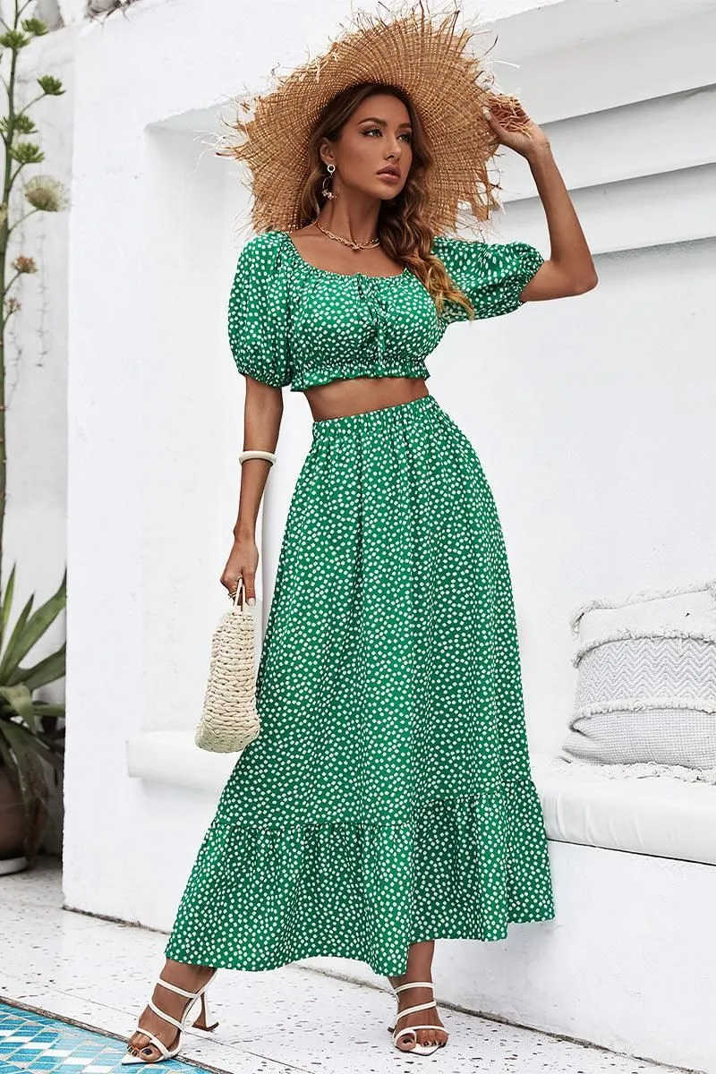 FLORAL PUFF CROP TOP AND LONG FLARE SKIRT SET