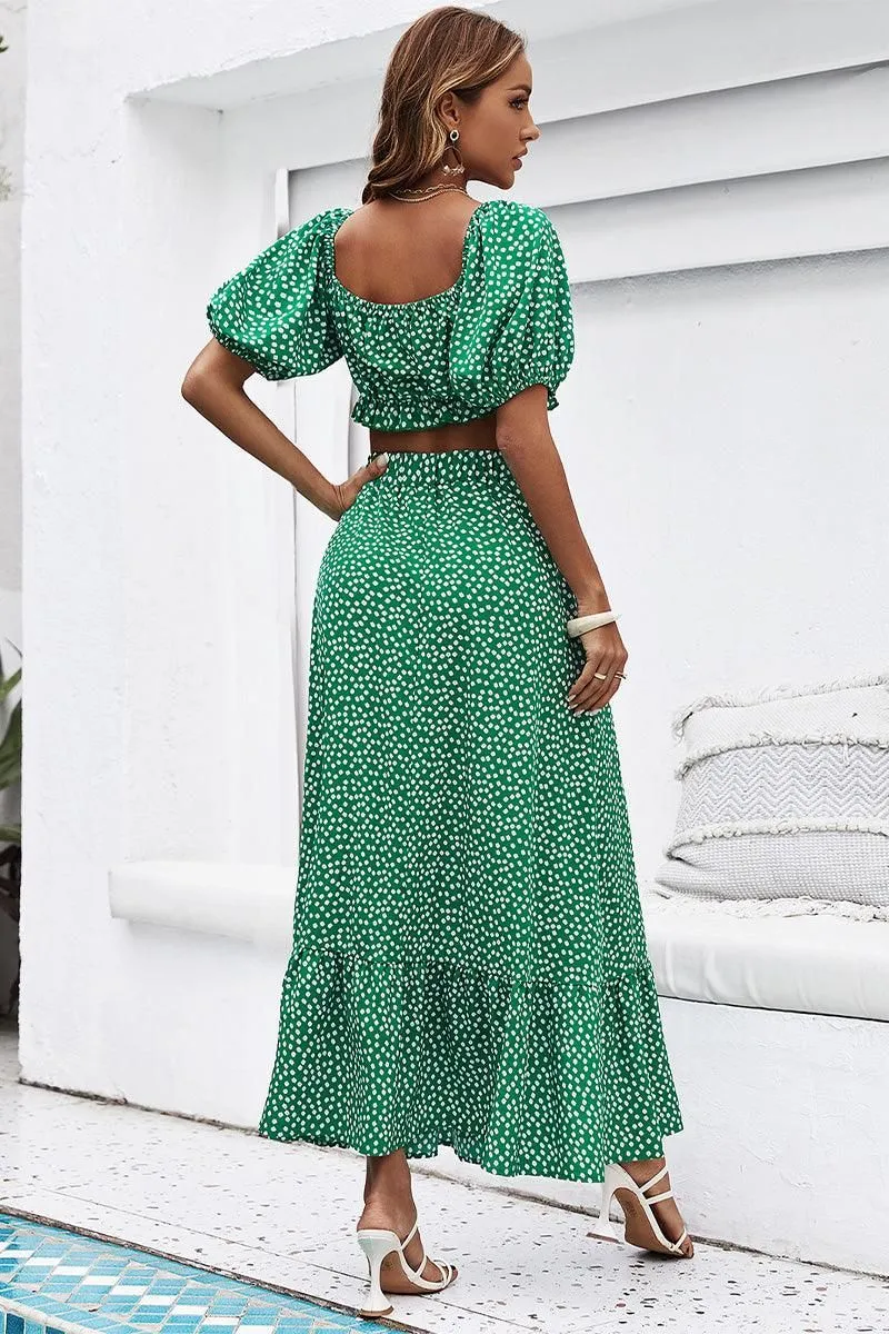 FLORAL PUFF CROP TOP AND LONG FLARE SKIRT SET