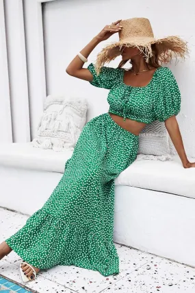 FLORAL PUFF CROP TOP AND LONG FLARE SKIRT SET