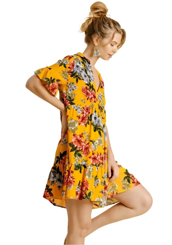 Floral Ruffle Babydoll Dress, Sunflower