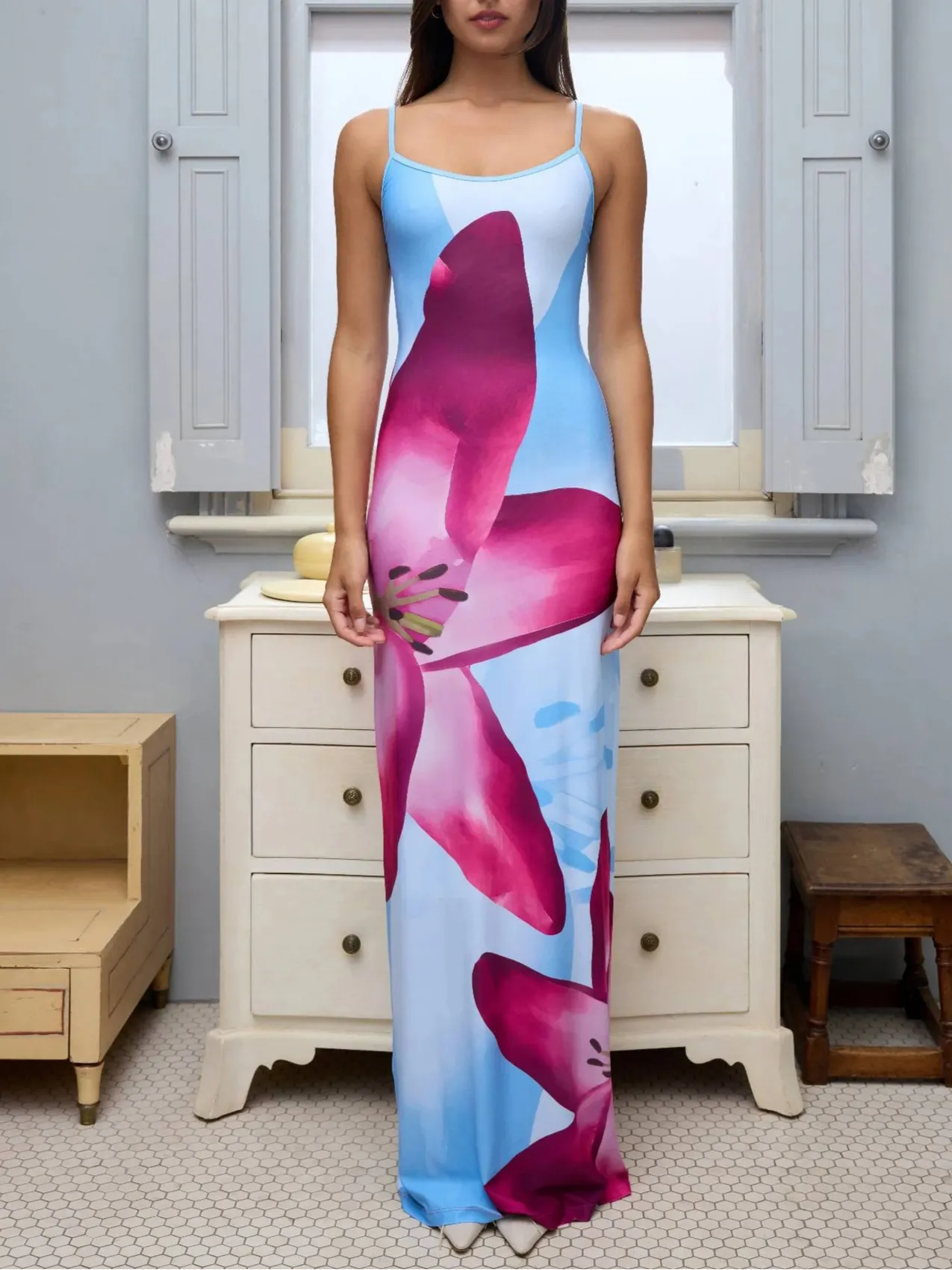 Flower Print Cami Bodycon Maxi Dress