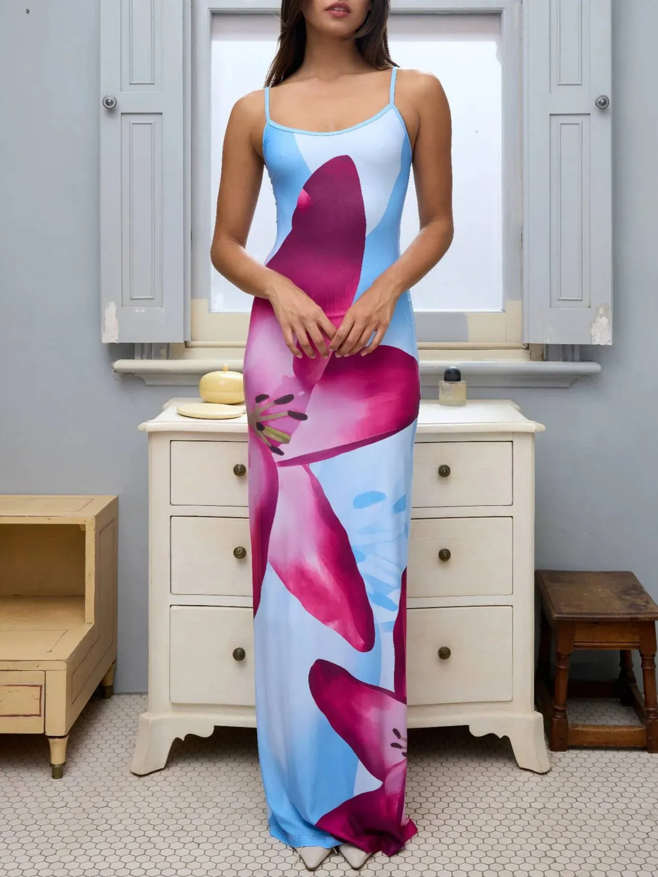 Flower Print Cami Bodycon Maxi Dress