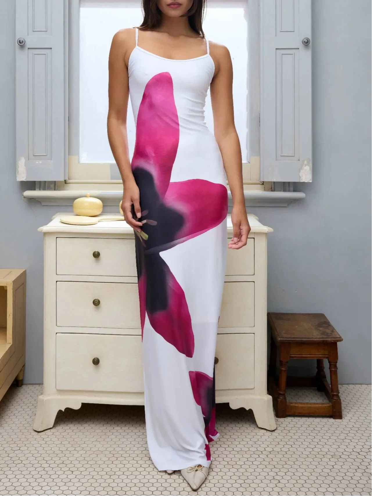 Flower Print Cami Bodycon Maxi Dress